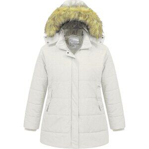 Women's Waterproof White Long Puffer Hood Jacket Coat Winter Warm Removable Fur